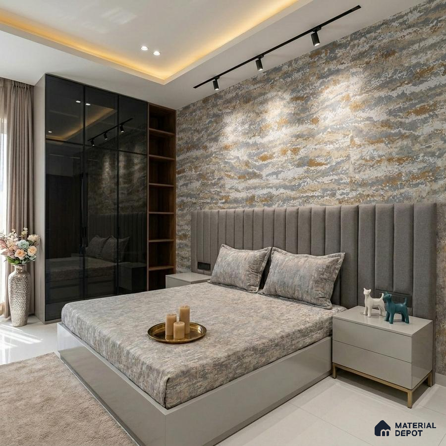 Modern bedroom with grey suede upholstered headboard, abstract textured wallpaper, and glass wardrobe shutters