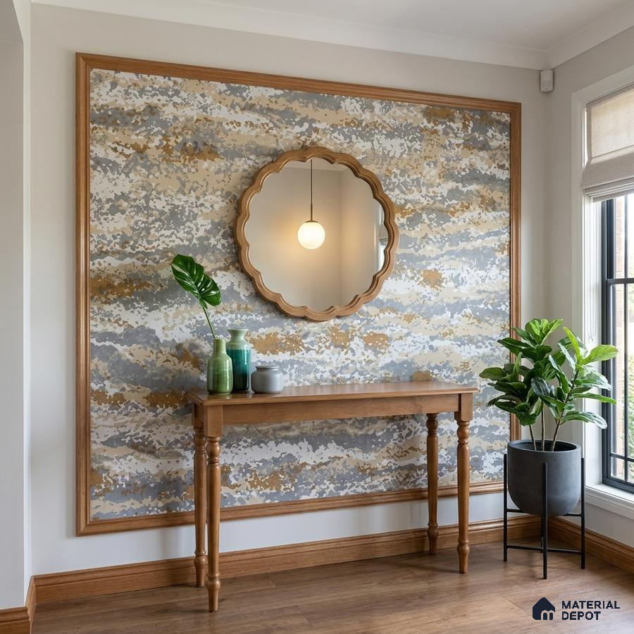 Modern foyer with abstract patterned wallpaper, natural wood console, and wooden flooring