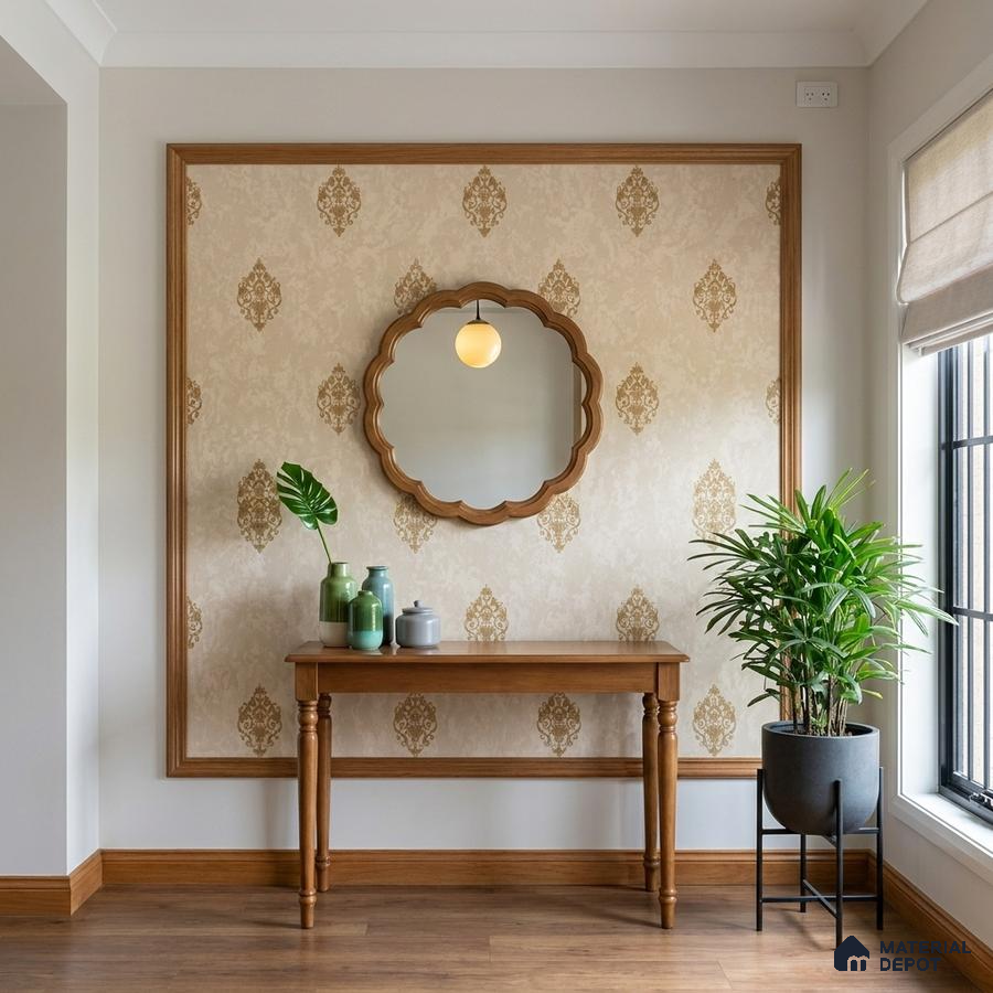 Traditional foyer with beige damask wallpaper, natural wood console, and wooden flooring