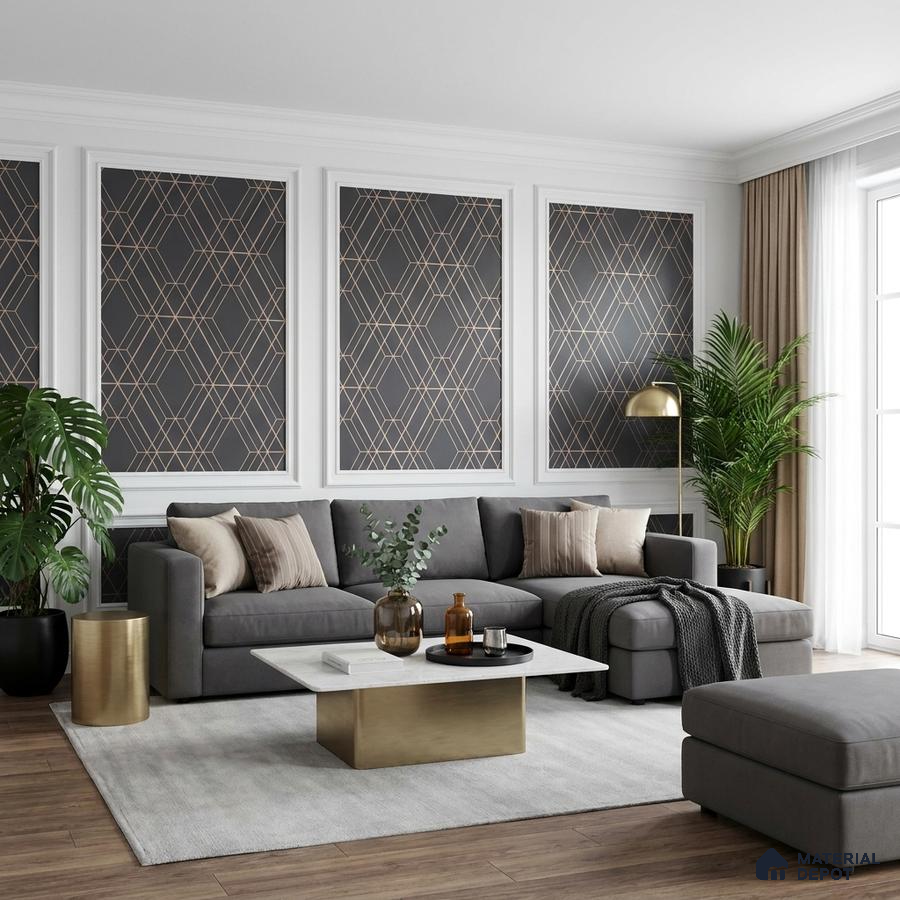Art Deco living room with geometric wallpaper, grey sectional sofa, and marble-top brass coffee table