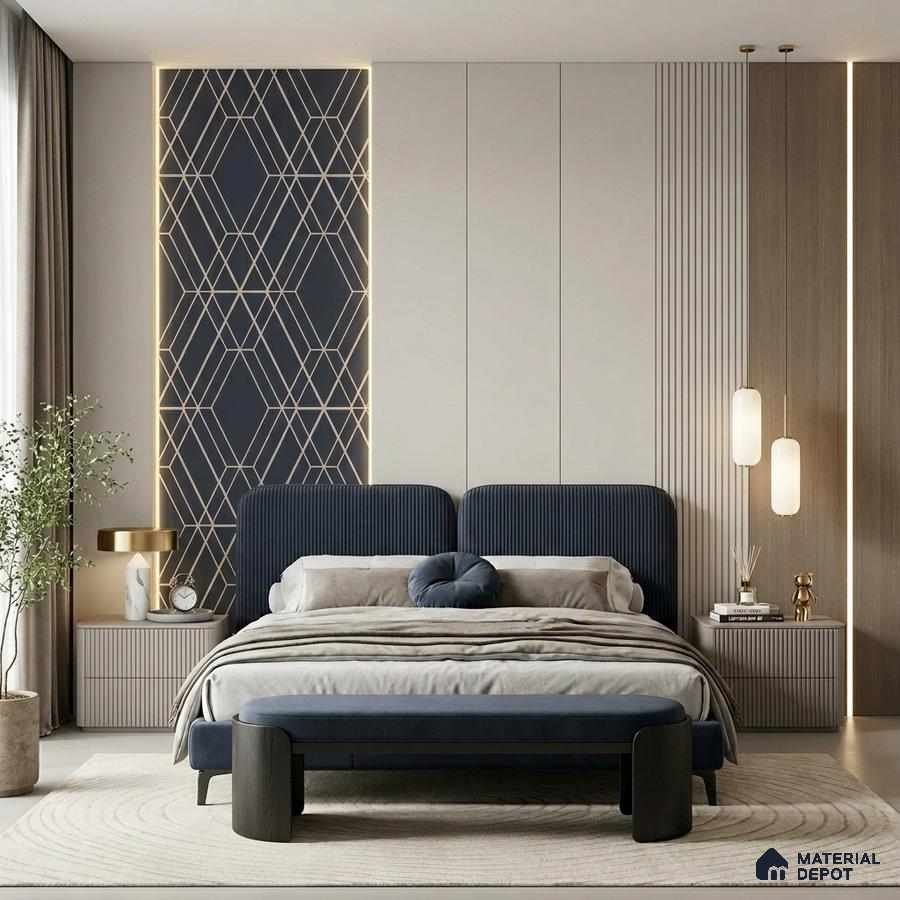 Modern bedroom with geometric backlit panel, fluted wall panels, and navy upholstered bed