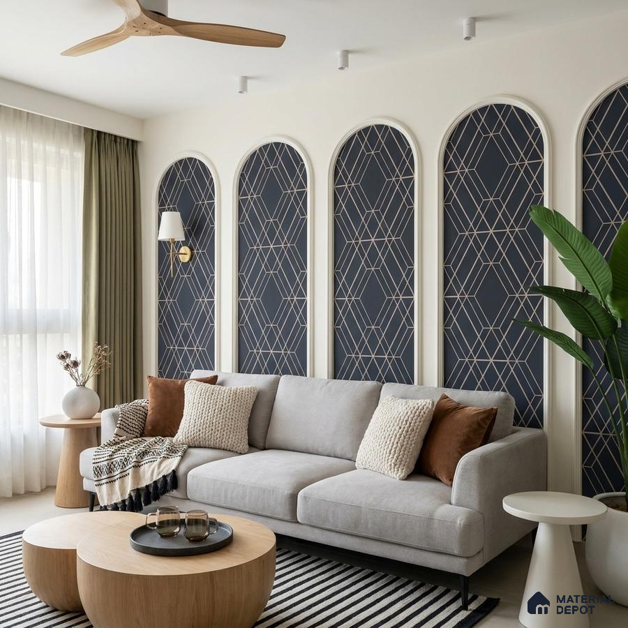 Modern living room with geometric patterned wallpaper and light wood accent tables