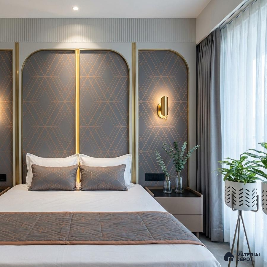 Modern bedroom with geometric wallpaper, gold accent profiles, and neutral palette