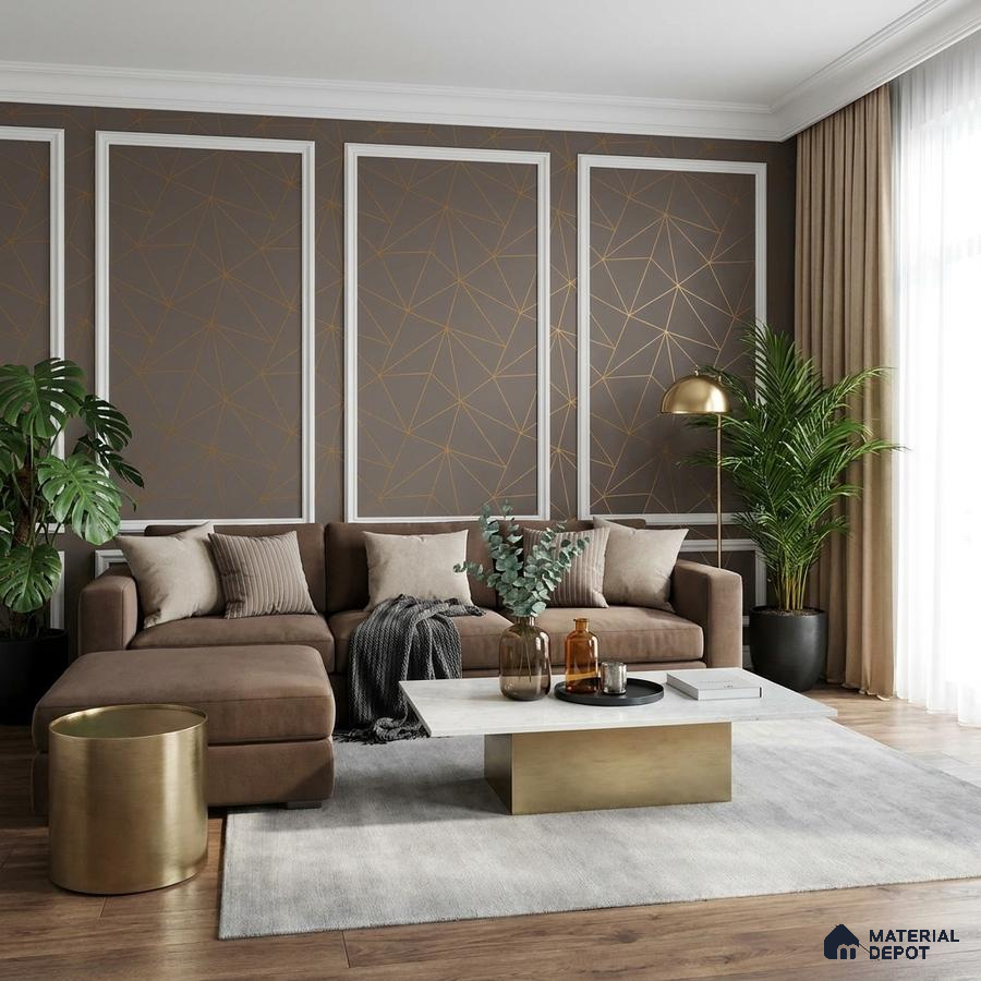 Modern living room with geometric wallpaper, brown suede sofa, and gold accent table