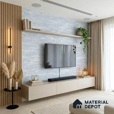 Scandinavian living room with beige floating TV unit, light wood fluted panels, and blue textured wallpaper