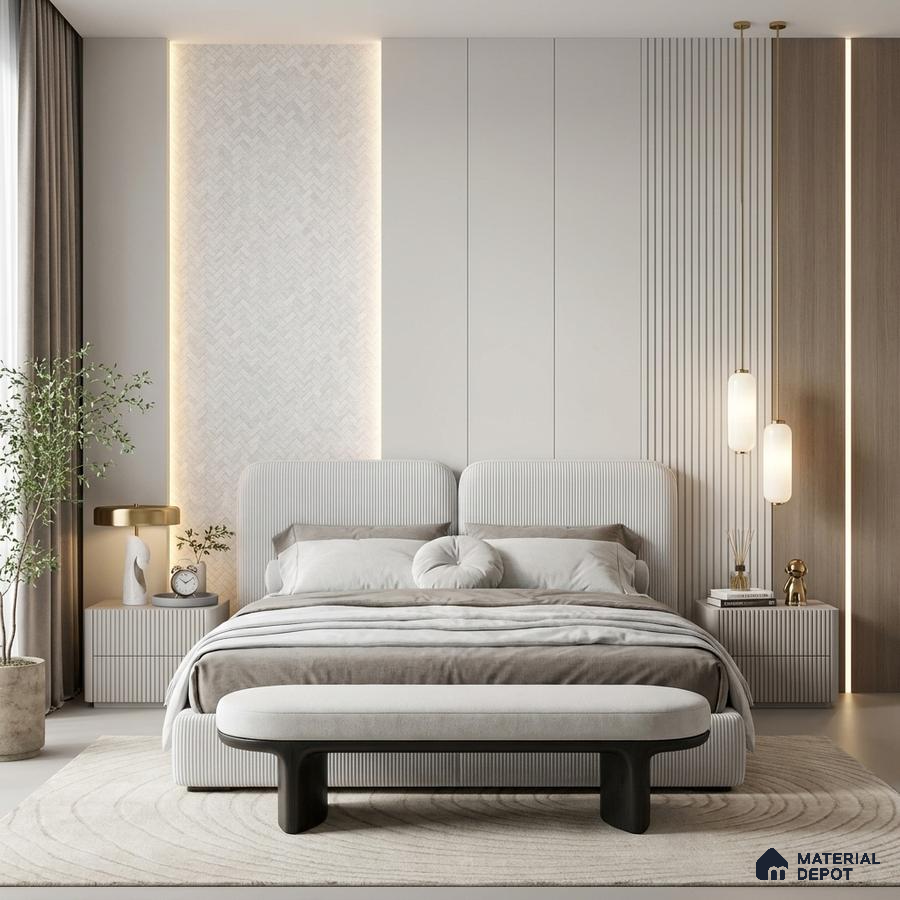 Minimalist bedroom with fluted wall panels, light wood accent, and upholstered bed