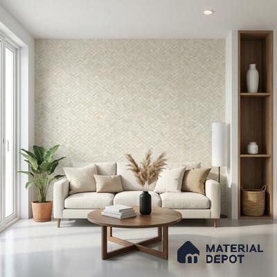 Scandinavian living room with herringbone textured wallpaper and natural wood accents