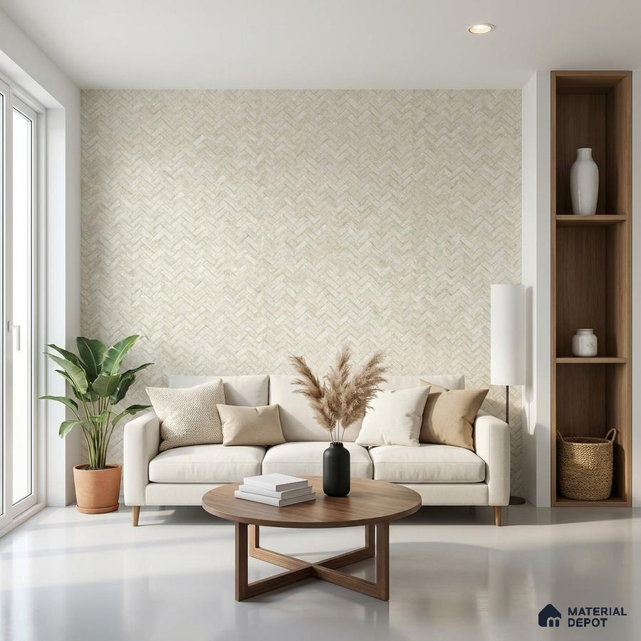 Scandinavian living room with herringbone textured wallpaper and natural wood accents