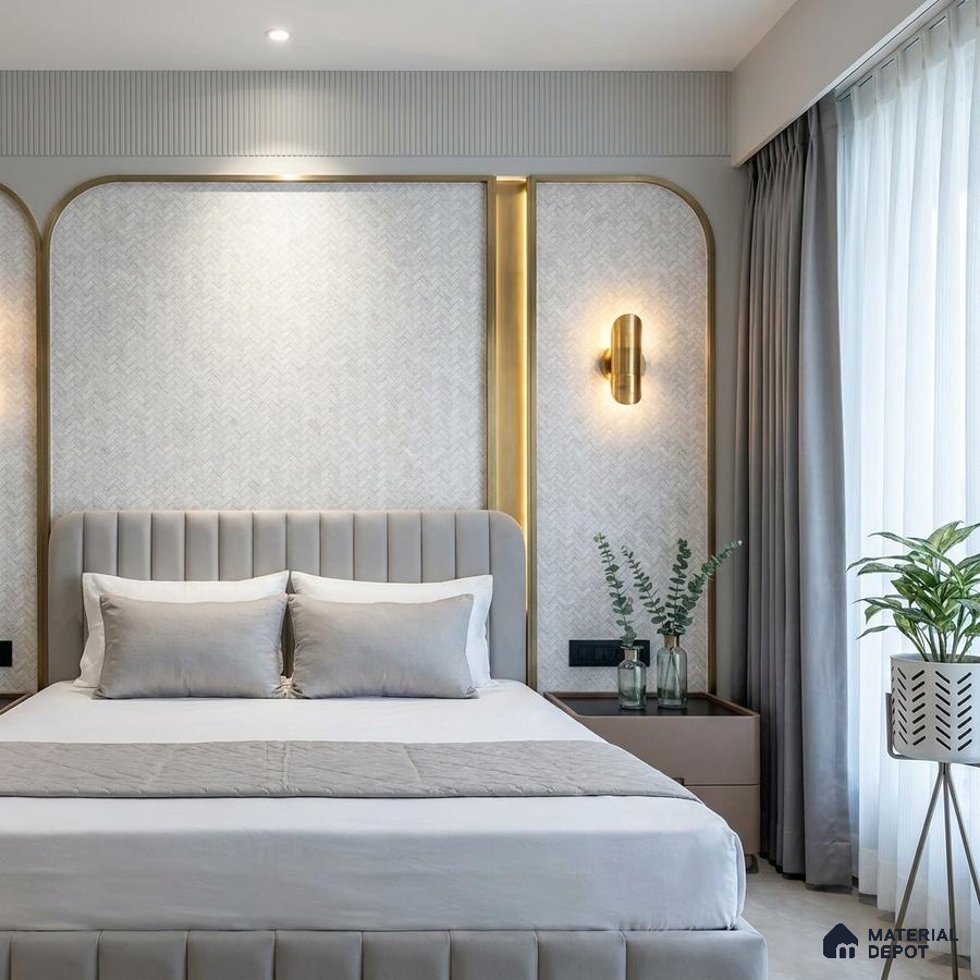 Modern bedroom with suede upholstered bed, gold accent profiles, and textured wallpaper