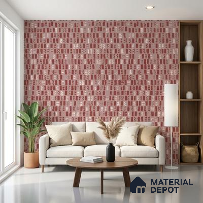 Scandinavian living room with abstract patterned terracotta wallpaper and light wood accents