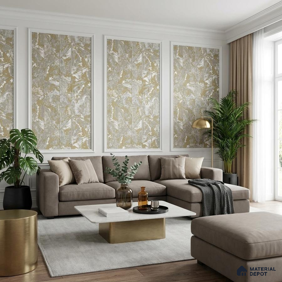 Modern living room with gold and grey abstract wallpaper panels, beige sectional sofa, and marble-top coffee table