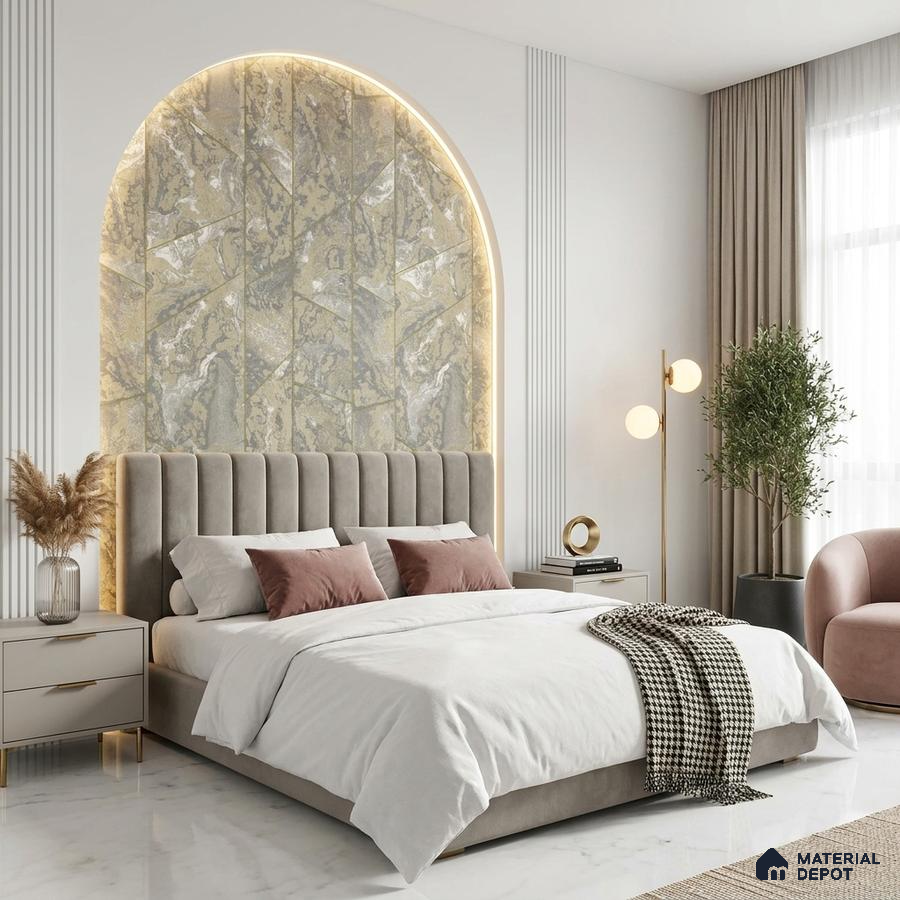 Modern bedroom with marble accent wall, suede upholstered bed, and white marble floor tile
