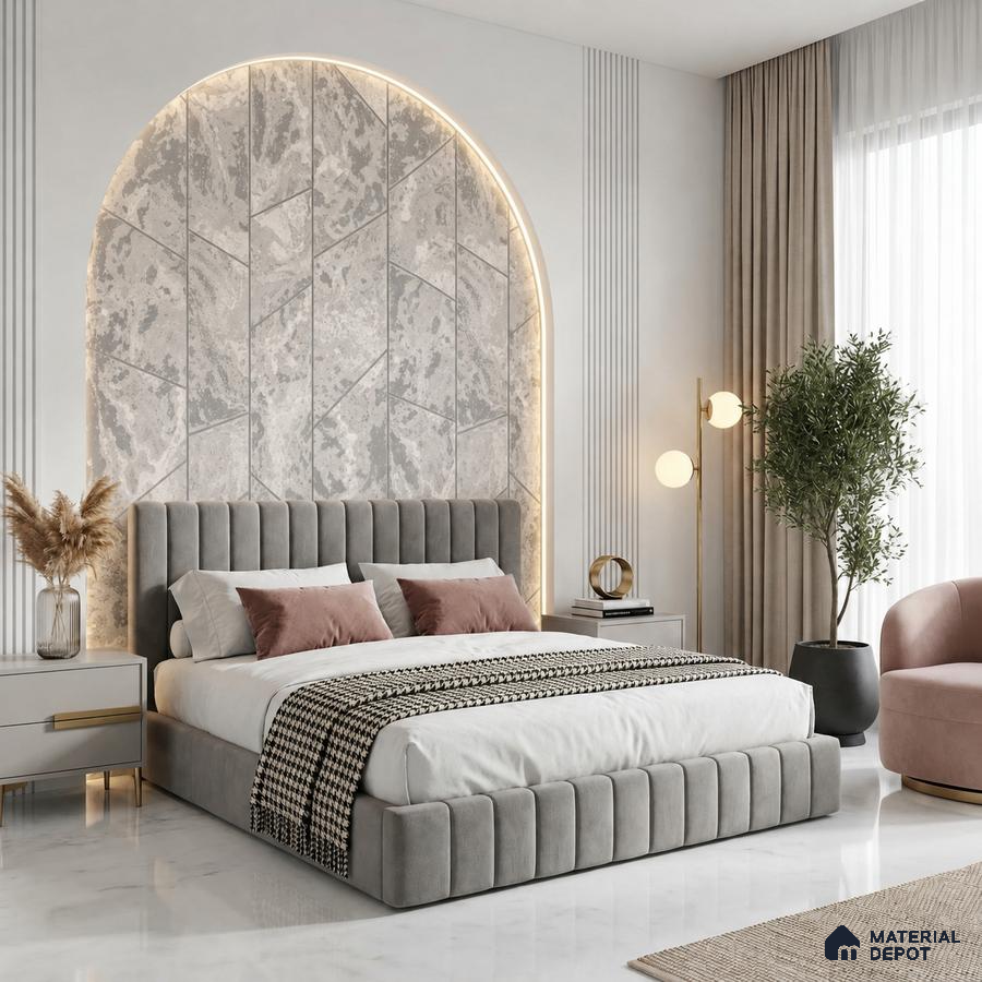 Modern bedroom with suede upholstered bed, textured grey wall panels, and marble floor tile