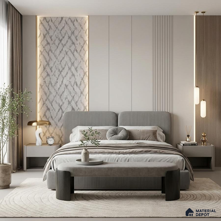 Minimalist bedroom with suede upholstered bed, fluted wall panels, and textured wallpaper accent