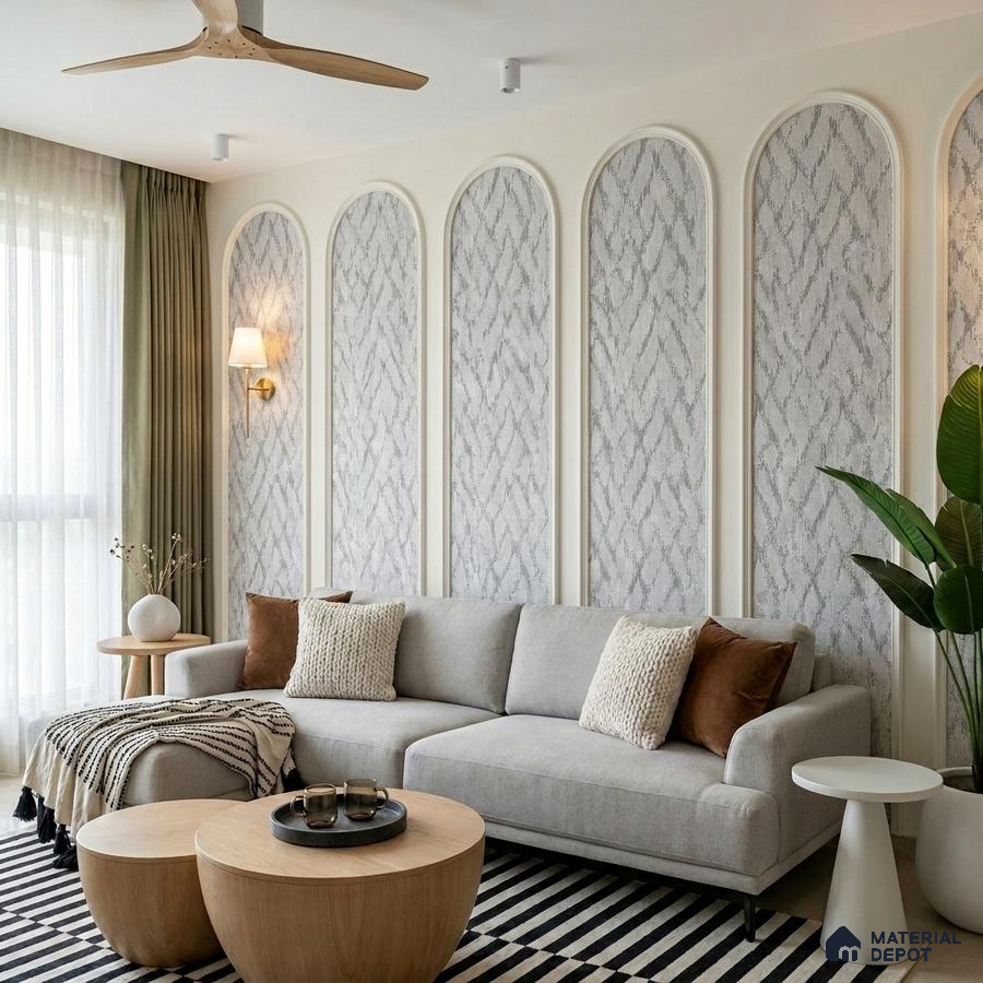 Scandinavian living room with patterned wallpaper panels and light wood coffee tables