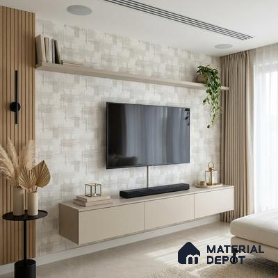 Scandinavian living room with beige solid laminate TV unit, textured wallpaper, and light wood fluted panels