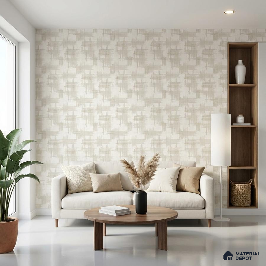 Scandinavian living room with beige patterned wallpaper and natural wood accents