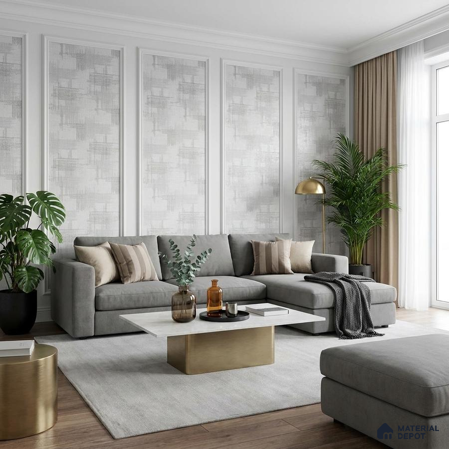 Modern living room with textured grey wallpaper, grey sectional sofa, and marble-top coffee table