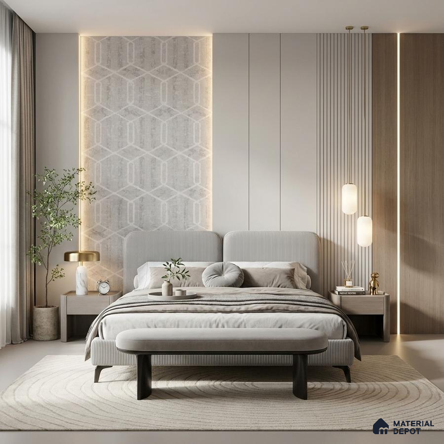 Minimalist bedroom with light wood panels, geometric accent wall, and neutral fabric upholstery