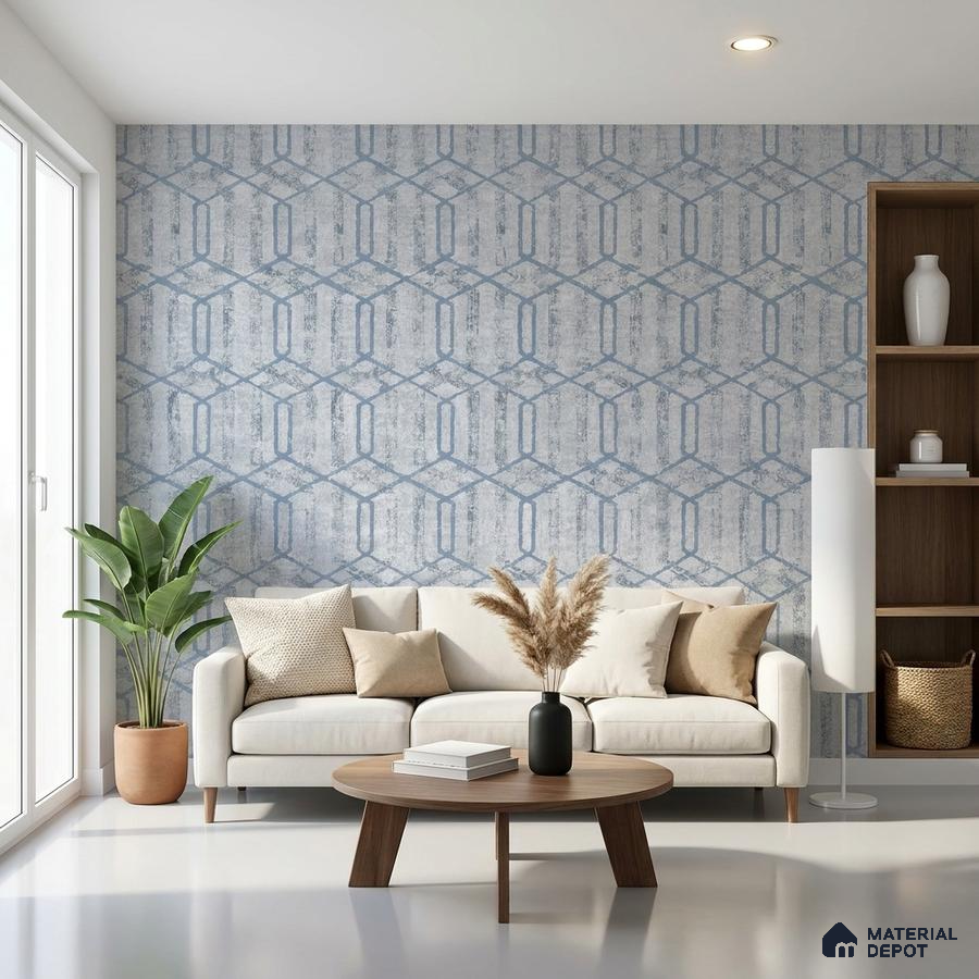 Scandinavian living room with geometric blue wallpaper and light wood coffee table