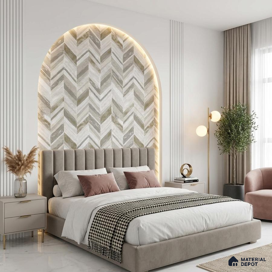 Modern bedroom with chevron marble accent wall and suede upholstered bed