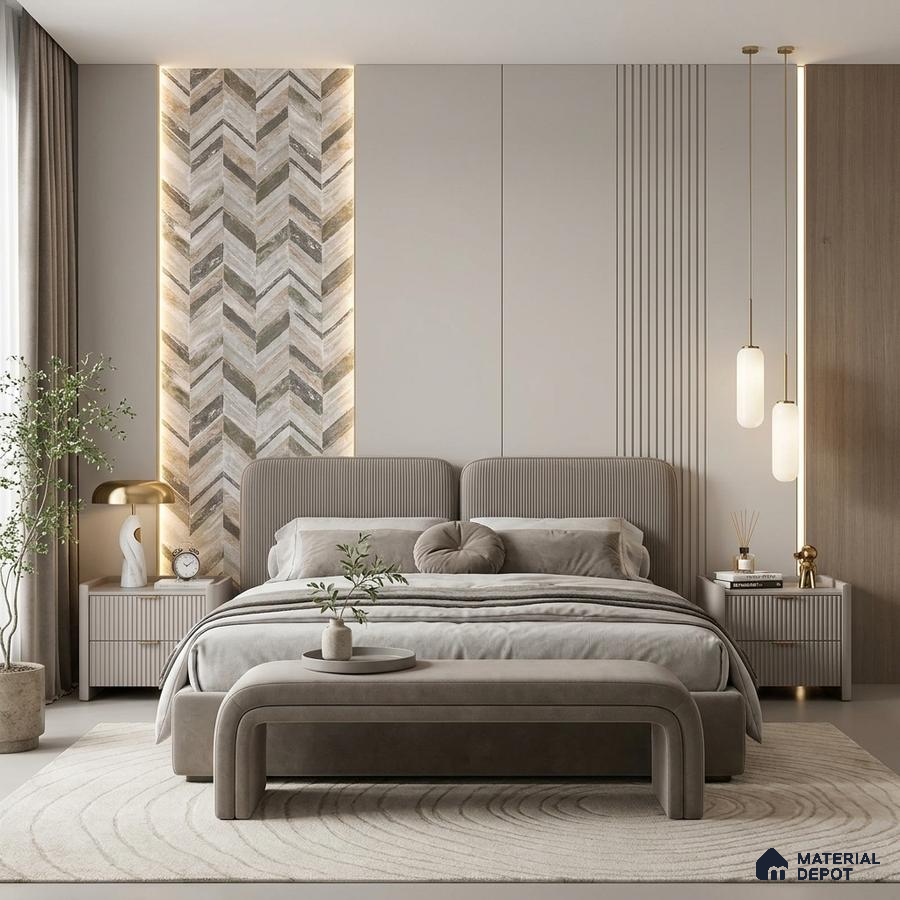Minimalist bedroom with herringbone stone accent wall and taupe suede upholstered bed