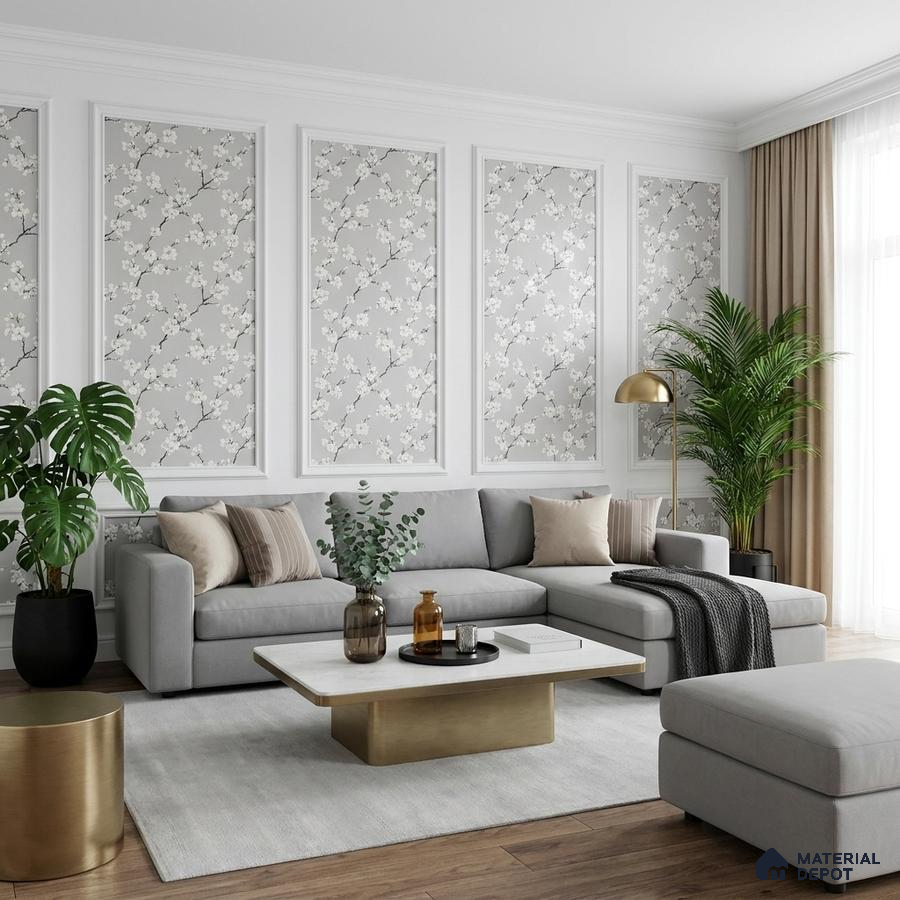 Modern living room with floral wallpaper panels, grey sectional sofa, and brass accent coffee table
