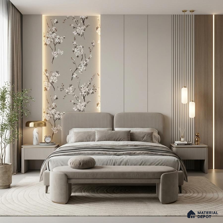 Japandi bedroom with chinoiserie floral wallpaper, suede upholstered bed, and neutral wood wall panels
