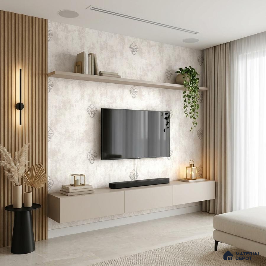 Modern TV unit with beige matte laminate, light wood fluted panels, and patterned wallpaper