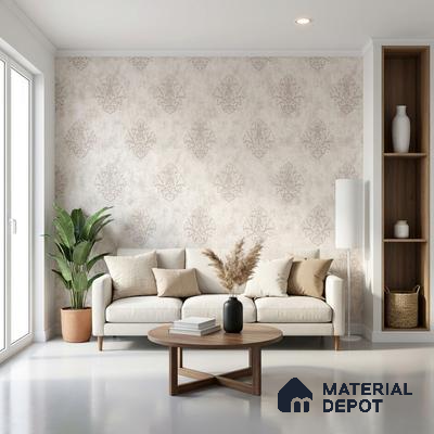 Scandinavian living room with beige damask wallpaper and natural wood accents