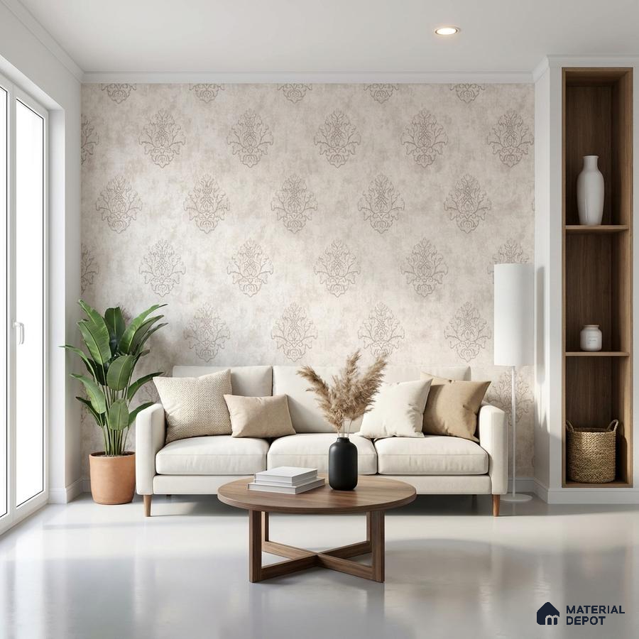 Scandinavian living room with beige damask wallpaper and natural wood accents