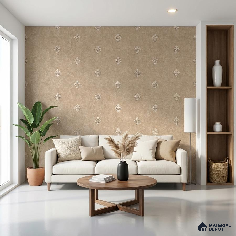 Scandinavian living room with beige patterned wallpaper and light wood coffee table