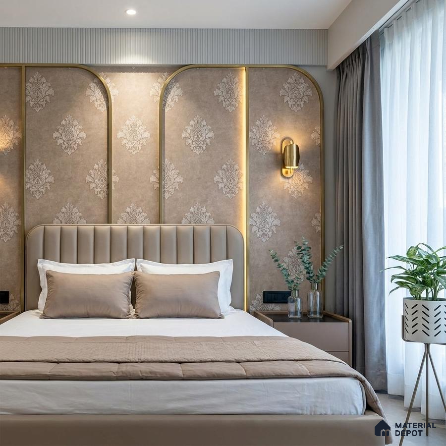Modern bedroom with beige damask wallpaper, gold accent profiles, and upholstered headboard