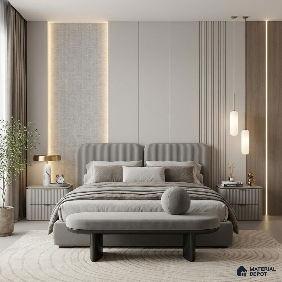 Minimalist bedroom with suede upholstered bed, fluted wall panels, and neutral beige palette
