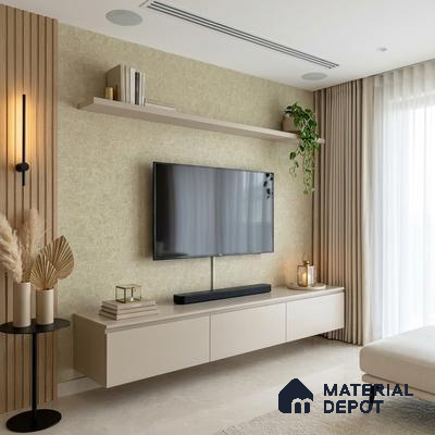 Modern living room with beige matte laminate TV unit, light wood fluted wall panels, and textured wallpaper