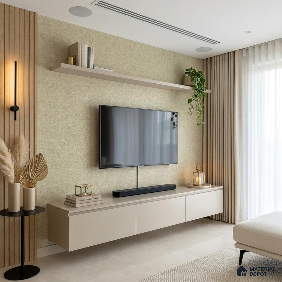 Modern living room with beige matte laminate TV unit, light wood fluted wall panels, and textured wallpaper