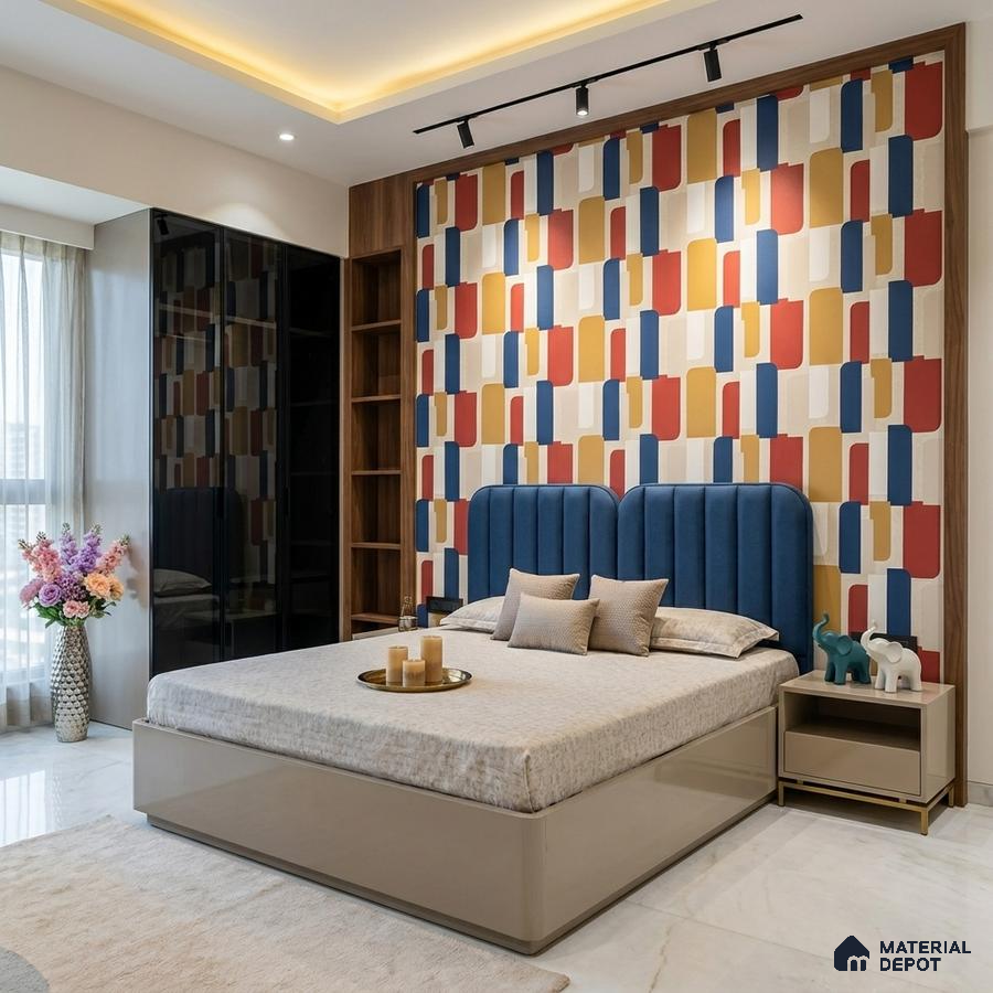 Mid-century modern bedroom with geometric patterned wallpaper, blue suede upholstered bed, and glossy beige laminate furniture