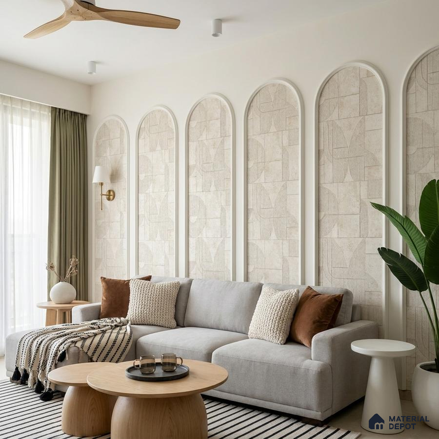 Scandinavian living room with textured beige wall panels and light oak coffee tables