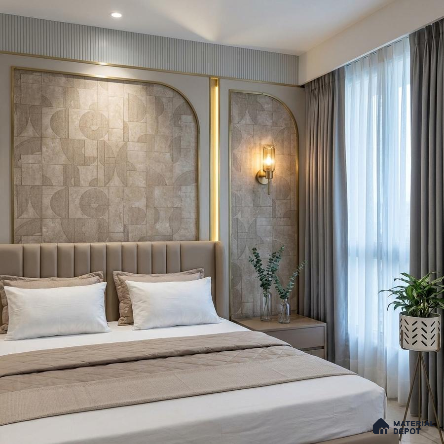 Modern bedroom with geometric beige wall panels and taupe upholstered bed