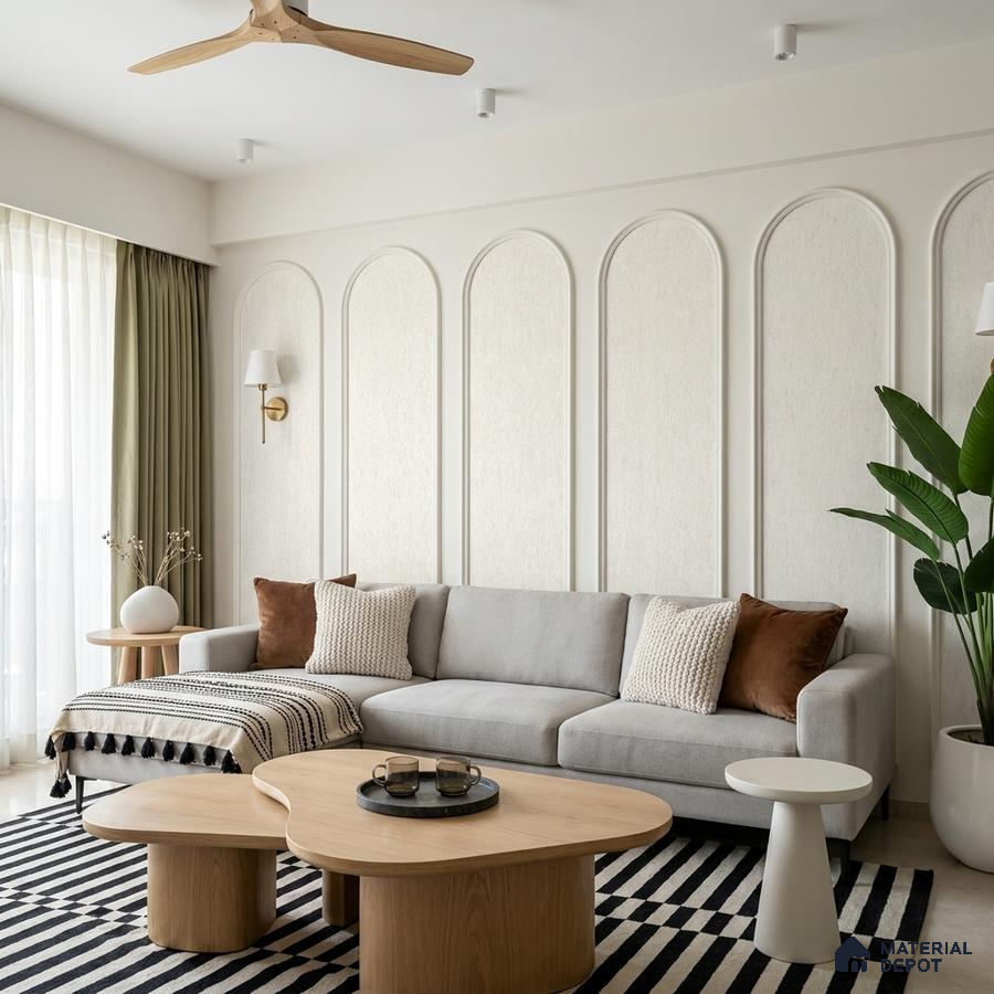 Scandinavian living room with arched wall panels, light oak coffee table, and striped rug