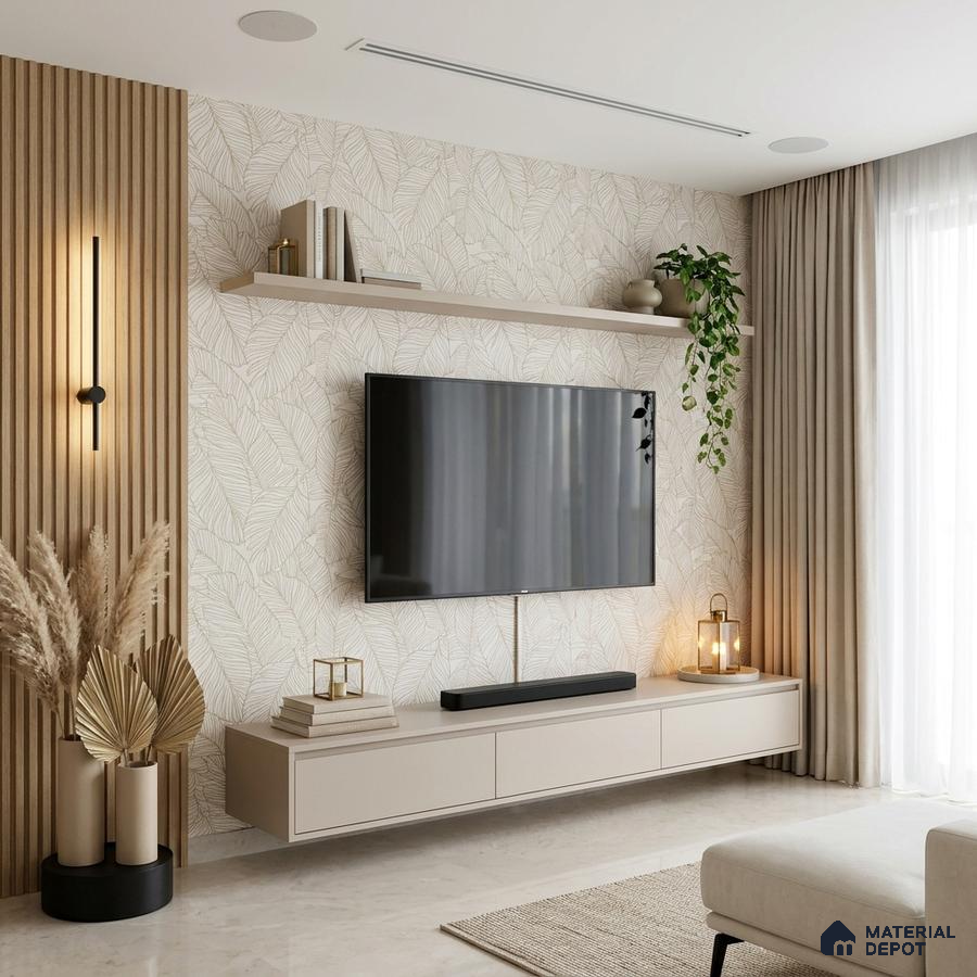 Scandinavian living room with beige leaf-patterned wallpaper, light wood fluted panels, and floating beige TV unit