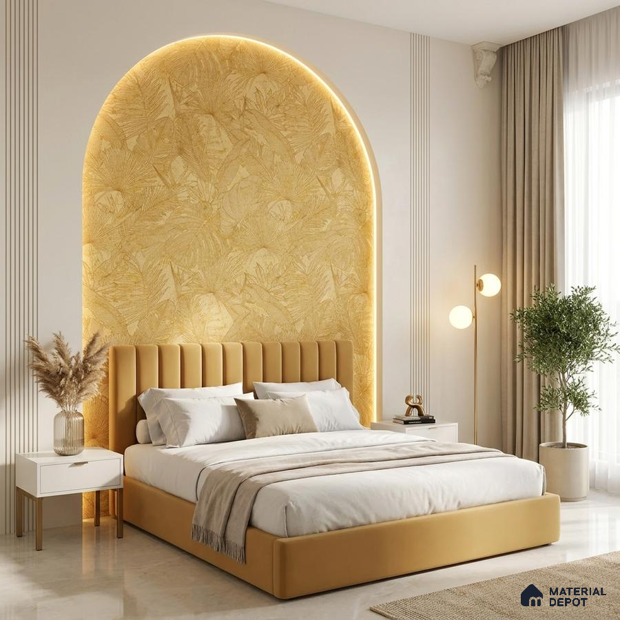 Modern bedroom with suede upholstered bed, beige botanical wallpaper, and marble floor tile