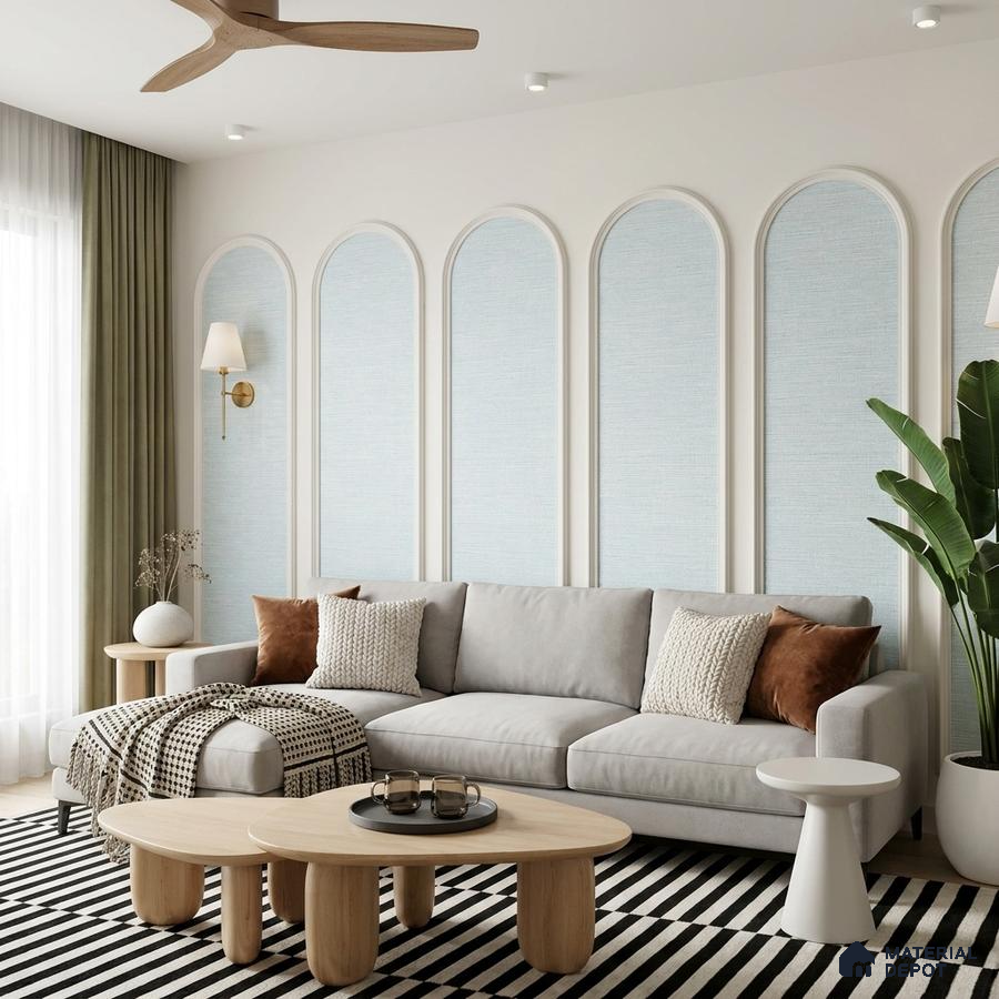 Scandinavian living room with light wood coffee tables, pastel blue textured wallpaper, and striped rug