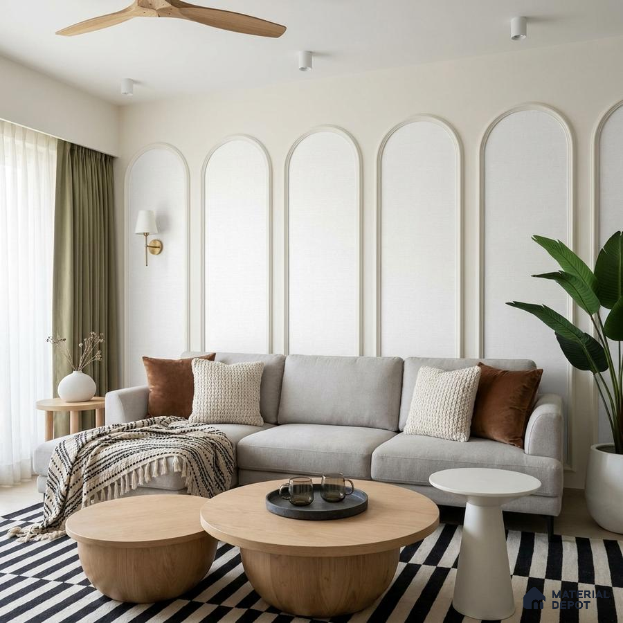 Scandinavian living room with light oak wood tables, textured wall panels, and striped rug