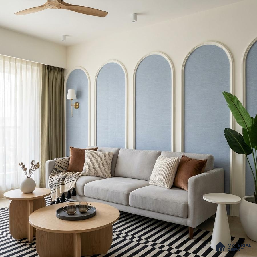 Scandinavian living room with powder blue fabric wall panels and light oak coffee tables