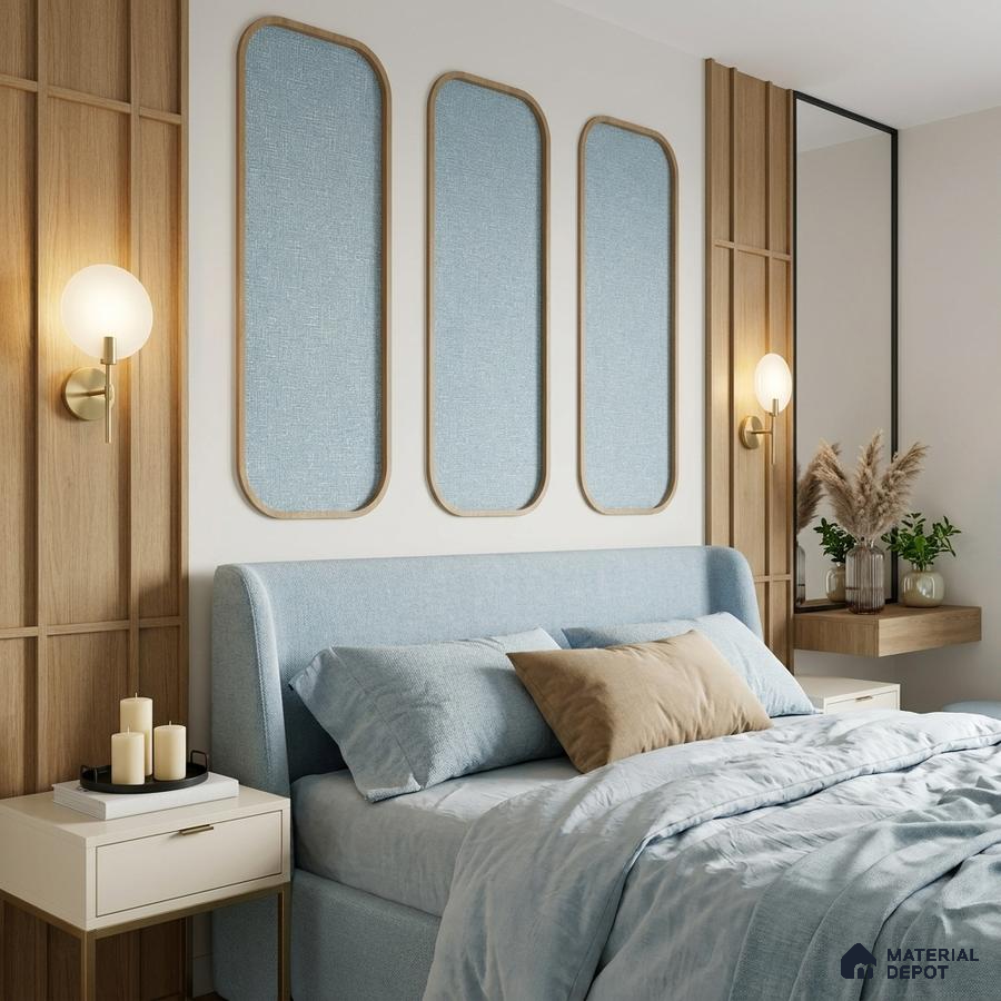 Scandinavian bedroom with light blue fabric upholstery, oak wood wall panels, and minimalist decor