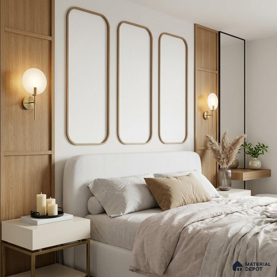 Scandinavian bedroom with light oak wood panels and upholstered bed in neutral tones
