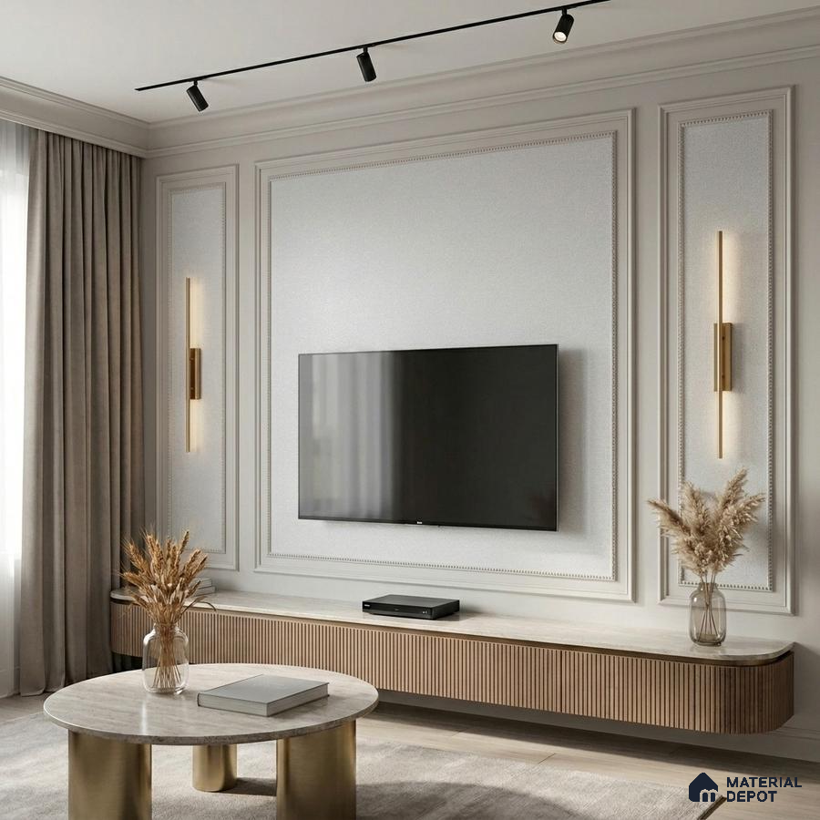 Modern living room with fluted wood laminate TV unit and marble top coffee table