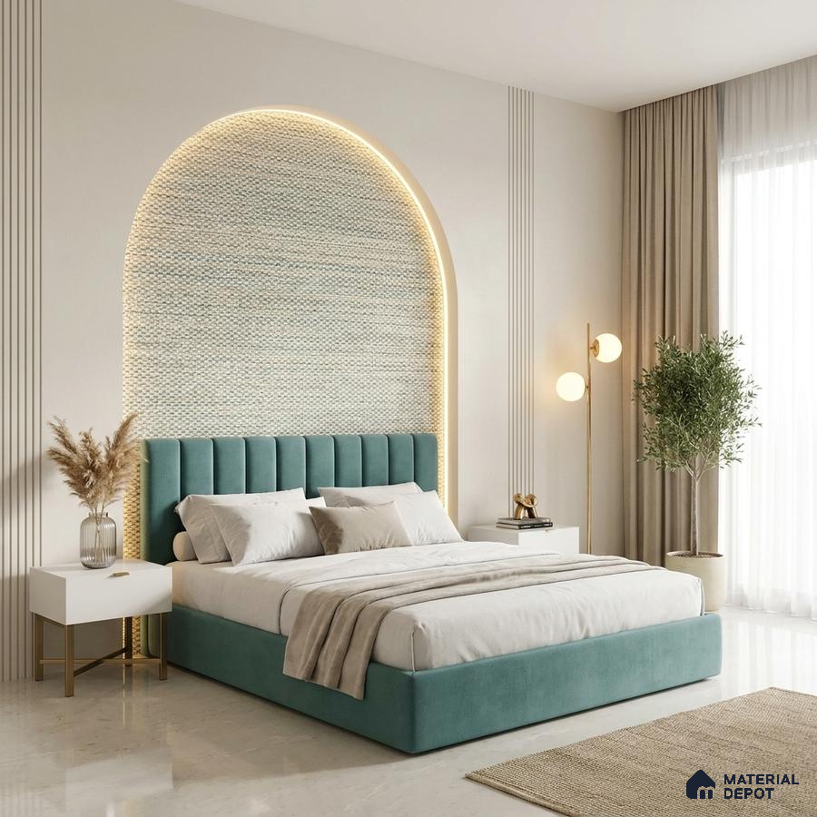 Modern bedroom with teal suede upholstered bed, textured accent wall, and marble floor tile