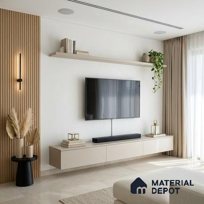Minimalist living room with beige high gloss laminate TV unit and light oak fluted wall panels
